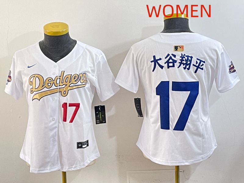 Women Los Angeles Dodgers #17 Ohtani White Champion edition Nike MLB Jersey style 002